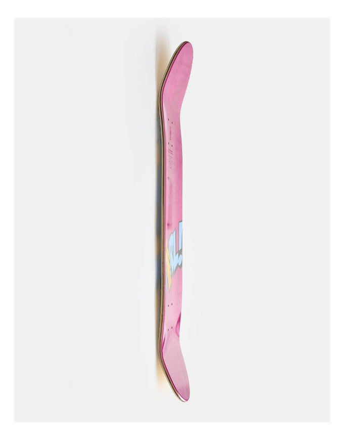 A pink skateboard deck shown vertically against a light gray background.